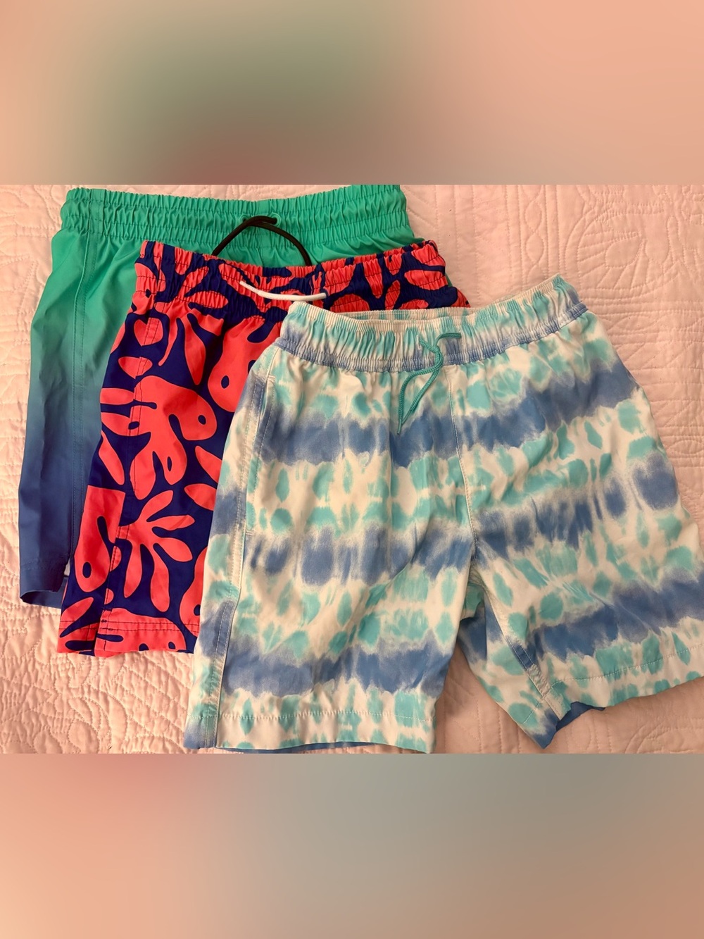 Boys Swim Trunks Lot of 3 - Blue Tie-Dye, Coral Print, Teal Ombre